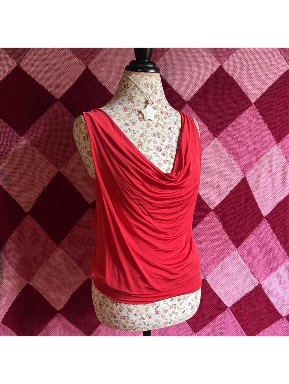 y2k bebe red draped cowl neck top